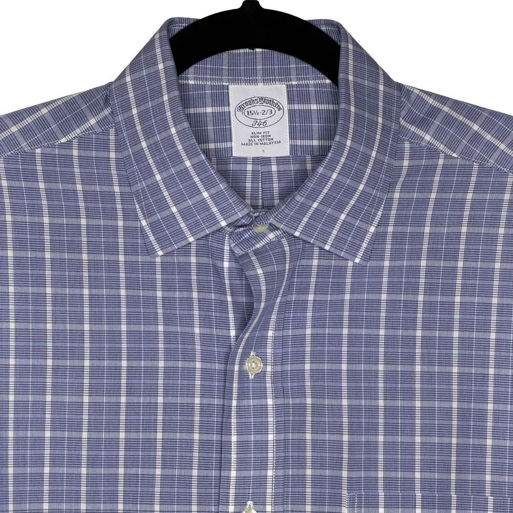 Brooks Brothers Dress Shirt 346 Non-Iron Slim Fit Blue Plaid Check Size 15 1/2 - Picture 4 of 8